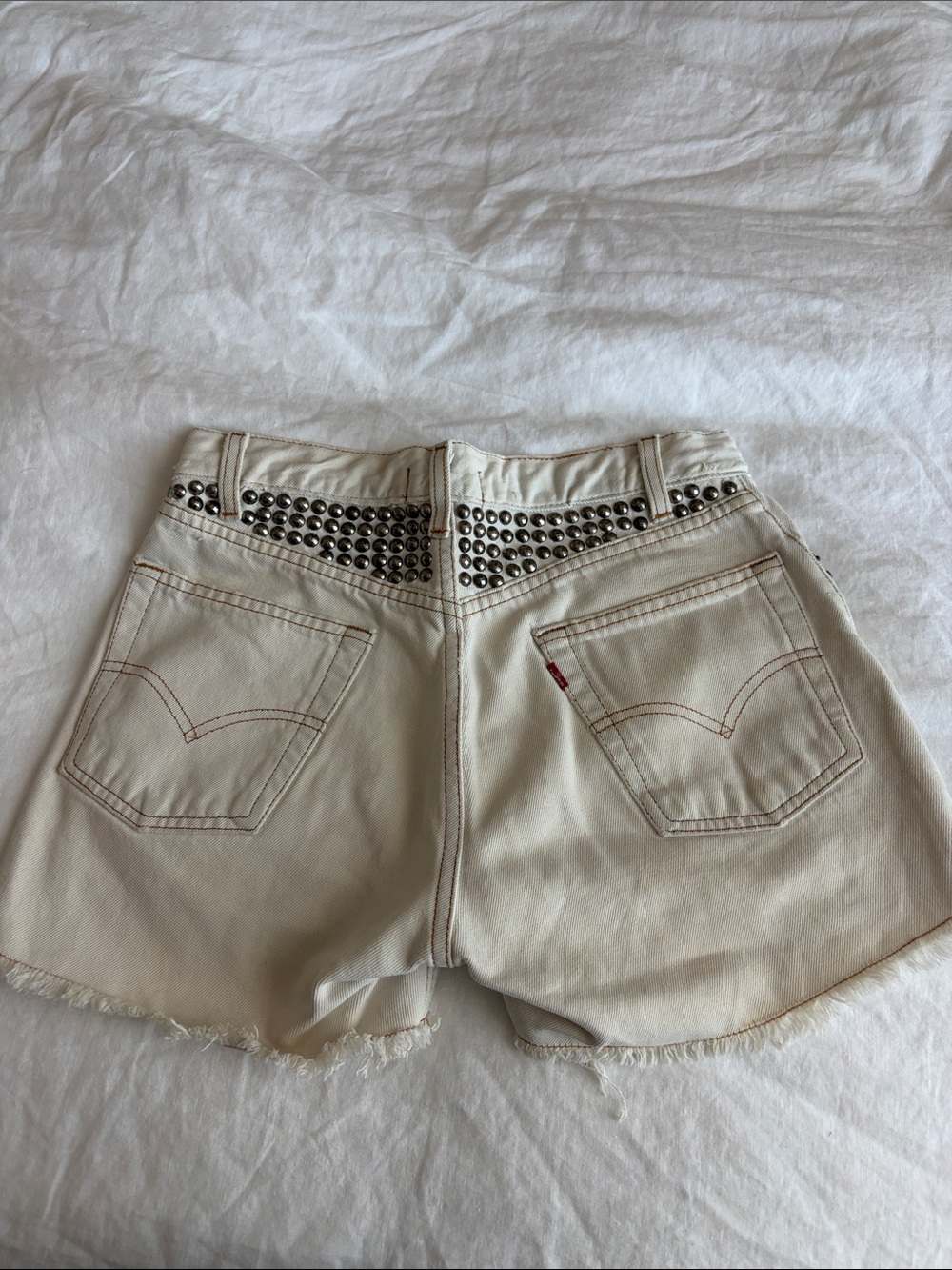 White Studded Vintage High-Waist Denim Shorts